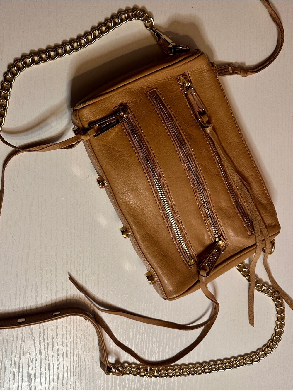 Rebecca Minkoff Mini 5-Zip Almond Tan Leather Crossbody Bag
